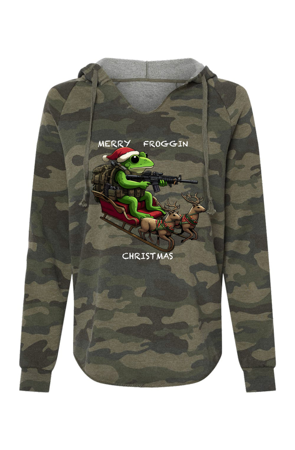 Merry Froggin X-Mas -Womens Lightweight Camo Hooded Sweatshirt