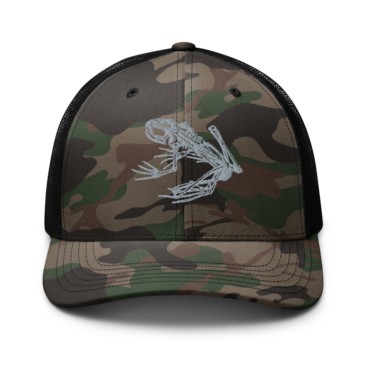 Resting Bone Frog Embroidered Camouflage trucker hat