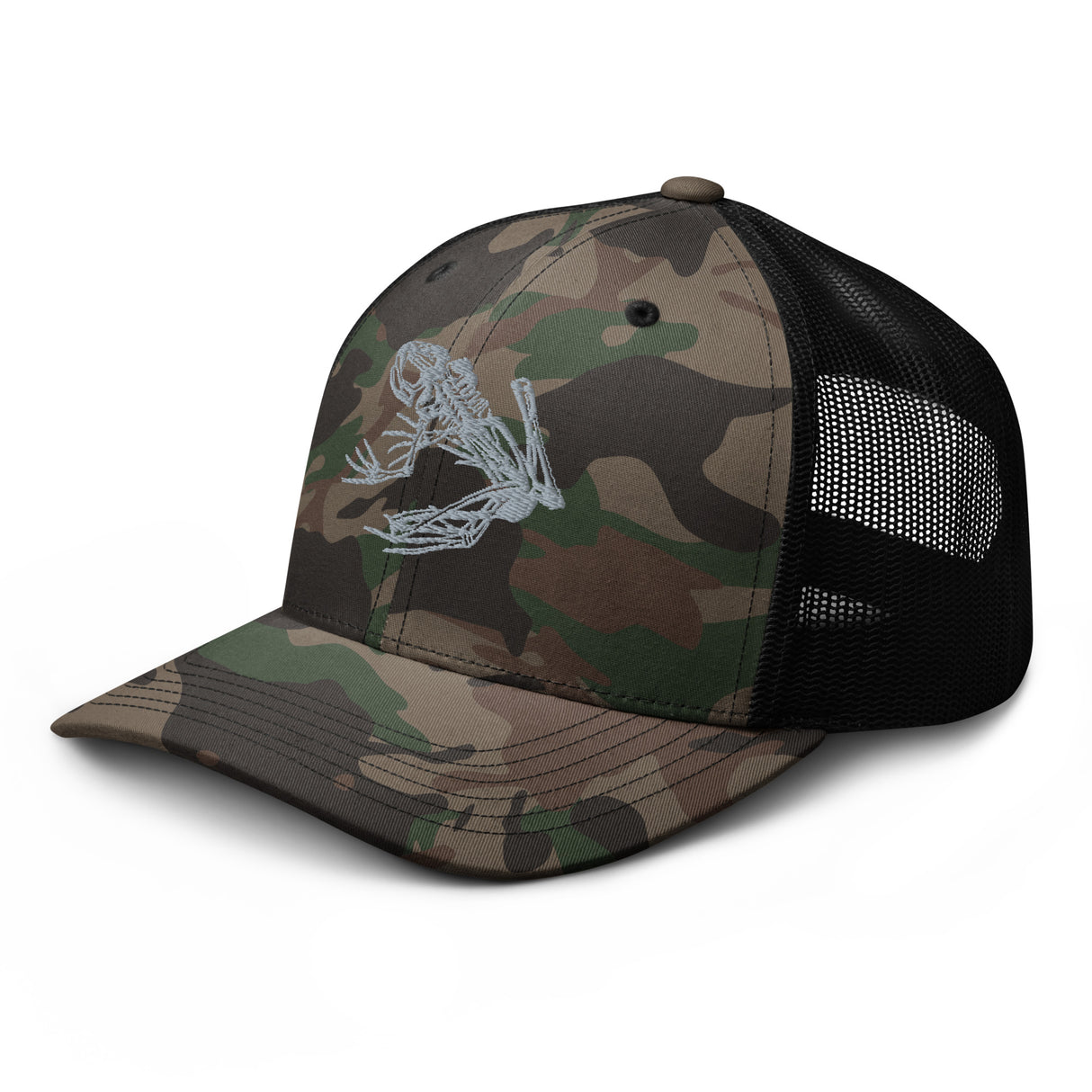 Resting Bone Frog Embroidered Camouflage trucker hat