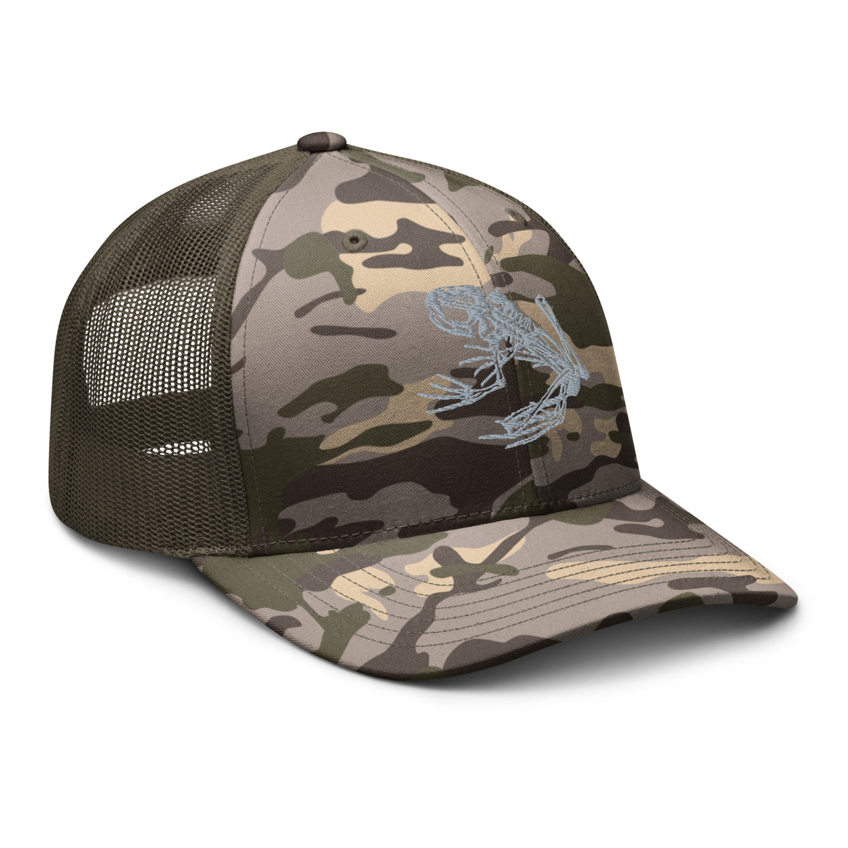 Resting Bone Frog Embroidered Camouflage trucker hat